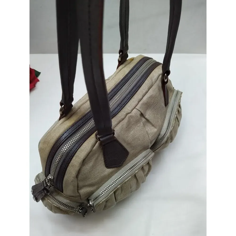 MZ Wallace Beige Leather Zipper Pockets Double Handles Satchel Shoulder Bag